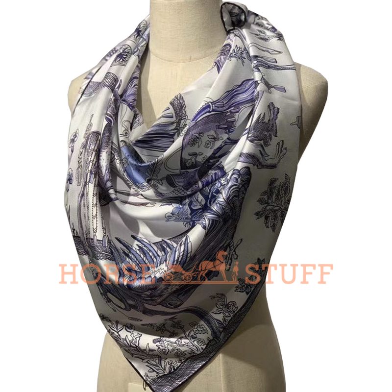 Hermès Double Face Scarf Della Cavalleria Favolosa 90 White / Marine