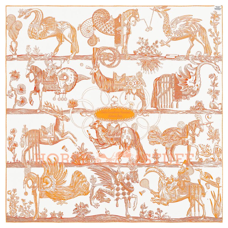 Hermès Double Face Scarf Della Cavalleria Favolosa 90 White / Orange