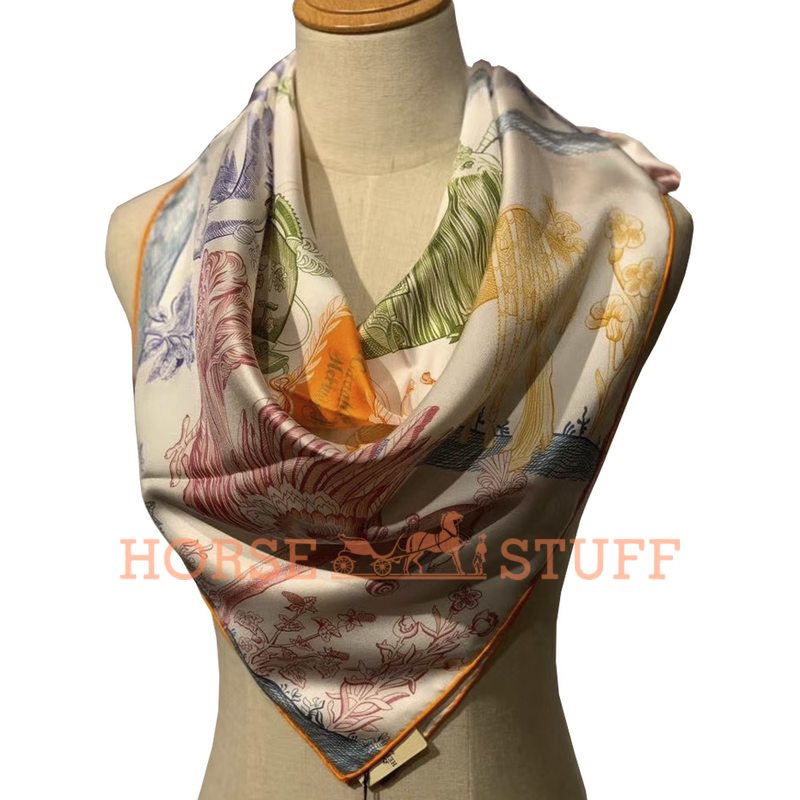 Hermès Double Face Scarf Della Cavalleria Favolosa 90 White / Orange