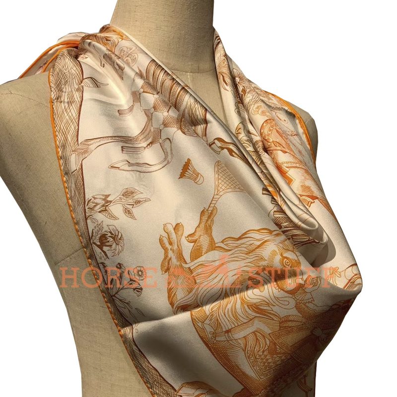 Hermès Double Face Scarf Della Cavalleria Favolosa 90 White / Orange