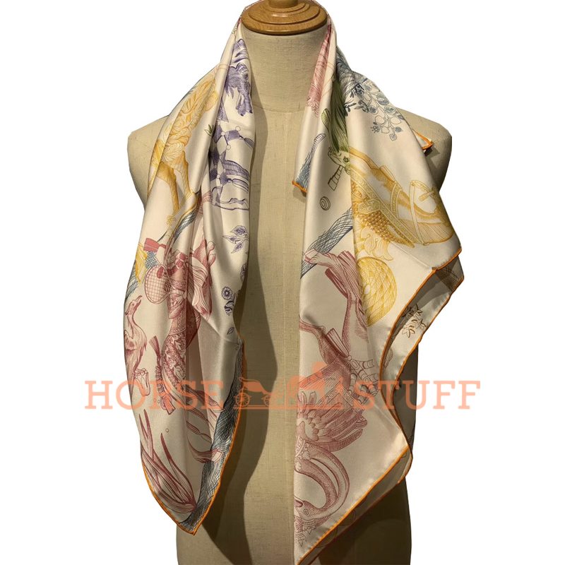 Hermès Double Face Scarf Della Cavalleria Favolosa 90 White / Orange