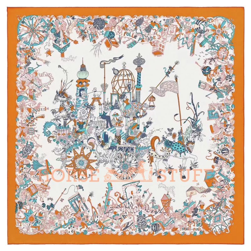 Hermès Scarf La Folle Parade 90 White