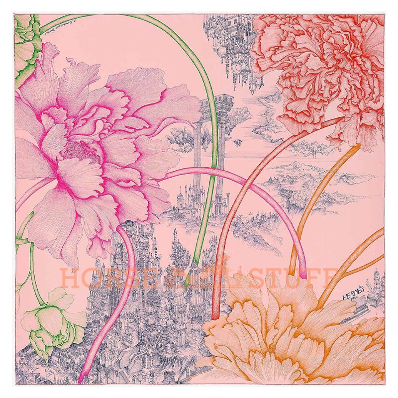 Hermès Scarf A l'Ombre des Pivoines 90 Pink