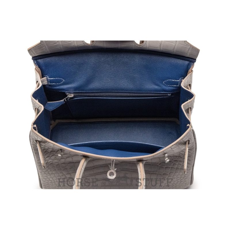 Hermès Birkin 25 Special Order HSS Verso Gris Perle / Deep Blue Matte Crocodile Alligator BPHW