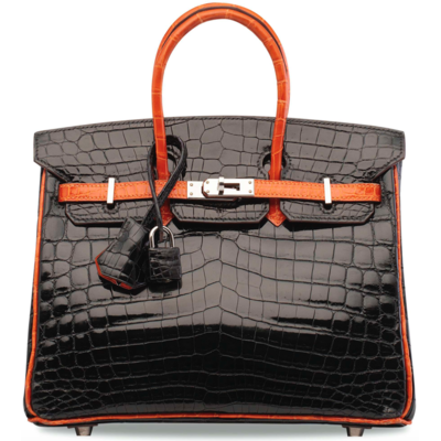 Hermès Birkin 25 Special Order HSS Black / Orange Lisse Crocodile Niloticus PHW