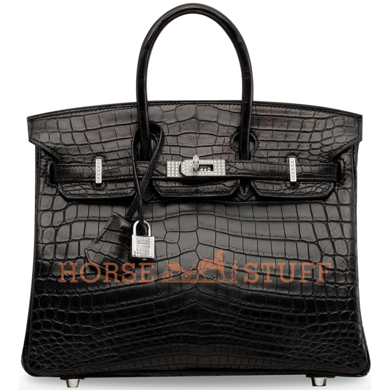 Hermès Birkin 25 Black Matte Crocodile Niloticus White 18K Gold, Diamonds