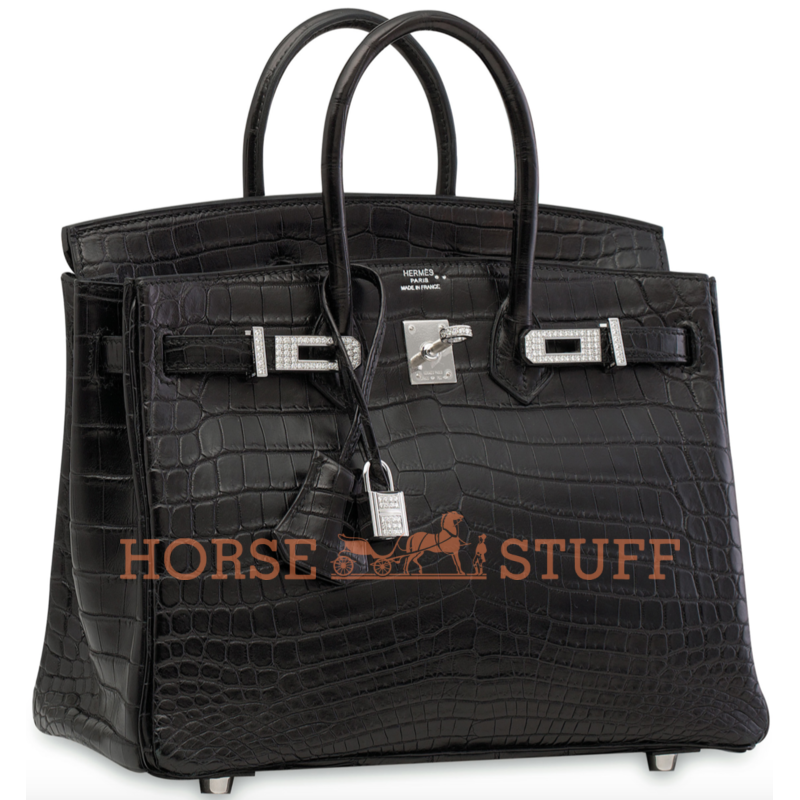 Hermès Birkin 25 Black Matte Crocodile Niloticus White 18K Gold, Diamonds