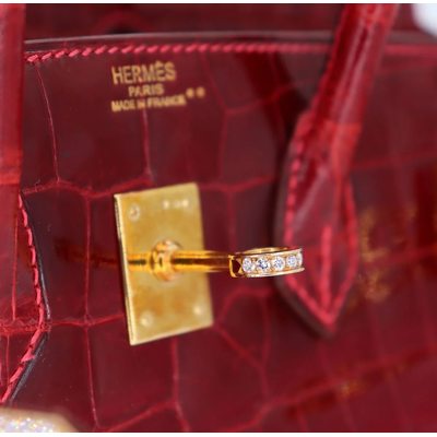 Hermès Birkin 25 Braise Shiny Crocodile Niloticus Yellow 18K Gold, Diamonds