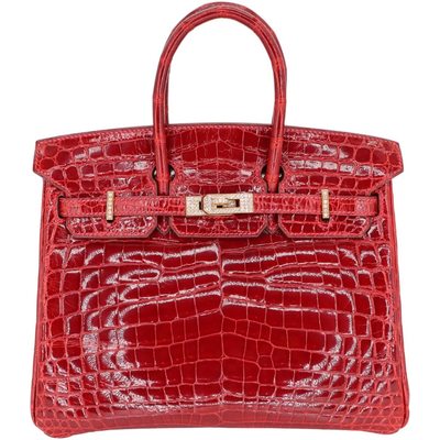 Hermès Birkin 25 Braise Shiny Crocodile Niloticus Yellow 18K Gold, Diamonds