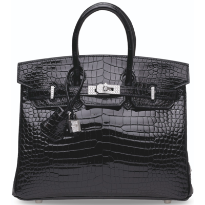 Hermès Birkin 25 Black Lisse Crocodile Porosus White 18K Gold, Diamonds