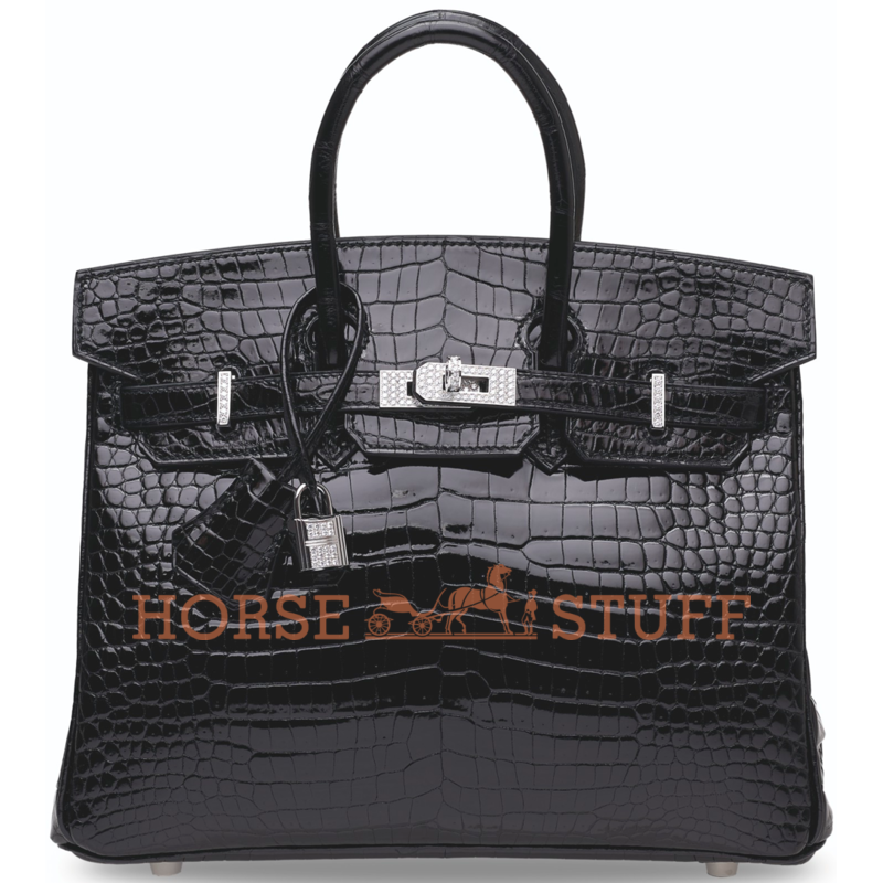 Hermès Birkin 25 Black Lisse Crocodile Porosus White 18K Gold, Diamonds