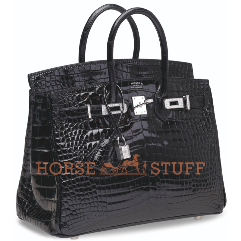 Hermès Birkin 25 Black Lisse Crocodile Porosus White 18K Gold, Diamonds