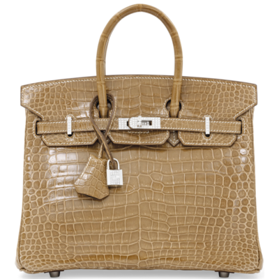 Hermès Birkin 25 Ficelle Lisse Crocodile Porosus White 18K Gold, Diamonds