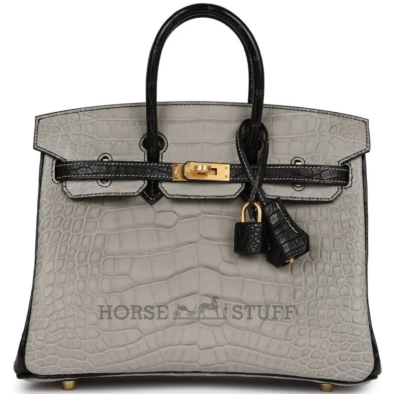 Hermès Birkin 25 Special Order HSS Gris Perle / Black Matte Crocodile Alligator BPHW