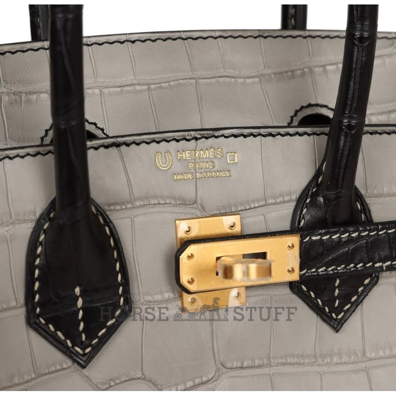 Hermès Birkin 25 Special Order HSS Gris Perle / Black Matte Crocodile Alligator BPHW