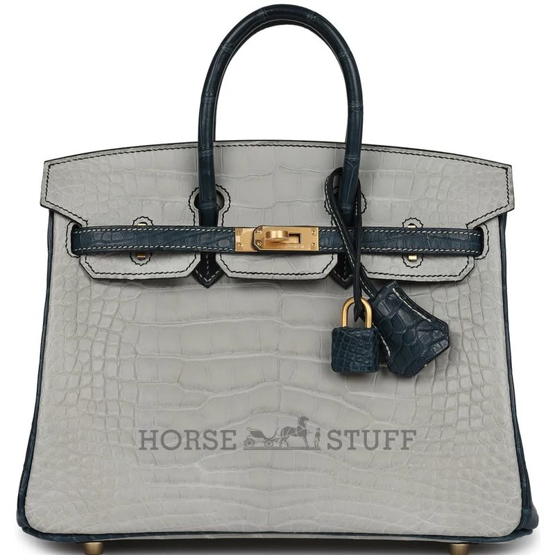 Hermès Birkin 25 Special Order HSS Gris Perle / Vert Rousseau Matte Crocodile Alligator BGHW