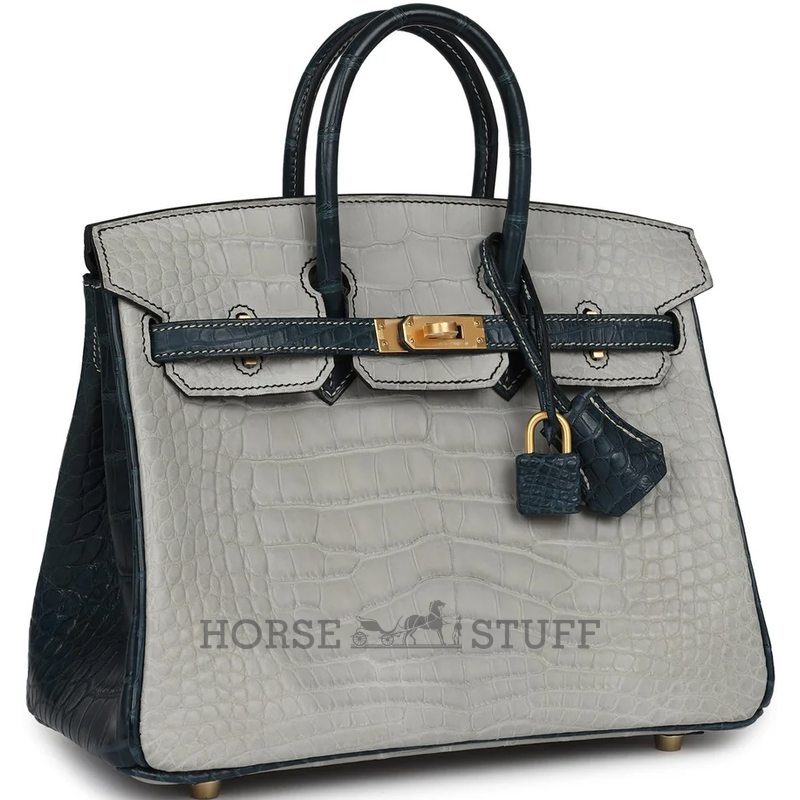 Hermès Birkin 25 Special Order HSS Gris Perle / Vert Rousseau Matte Crocodile Alligator BGHW