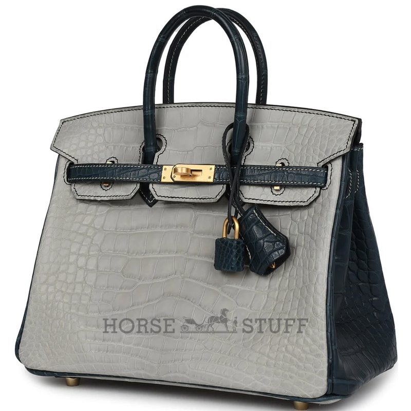 Hermès Birkin 25 Special Order HSS Gris Perle / Vert Rousseau Matte Crocodile Alligator BGHW