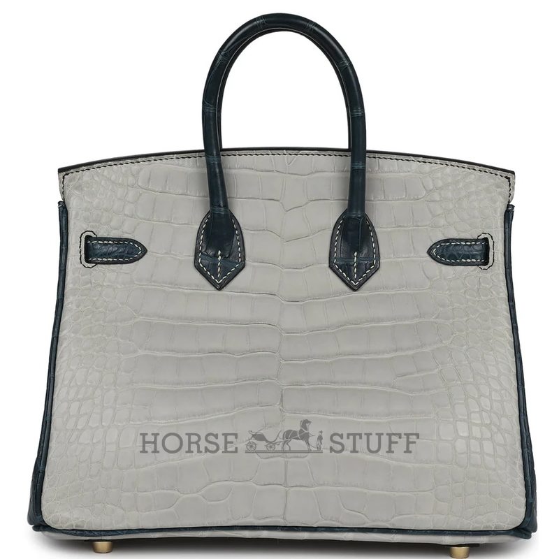 Hermès Birkin 25 Special Order HSS Gris Perle / Vert Rousseau Matte Crocodile Alligator BGHW