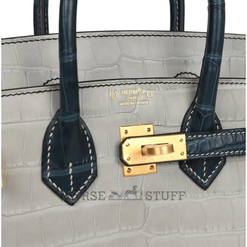 Hermès Birkin 25 Special Order HSS Gris Perle / Vert Rousseau Matte Crocodile Alligator BGHW