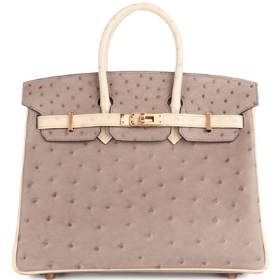 Hermès Birkin 25 Special Order HSS Gris Tourterelle / Parchemin Ostrich Rose GHW