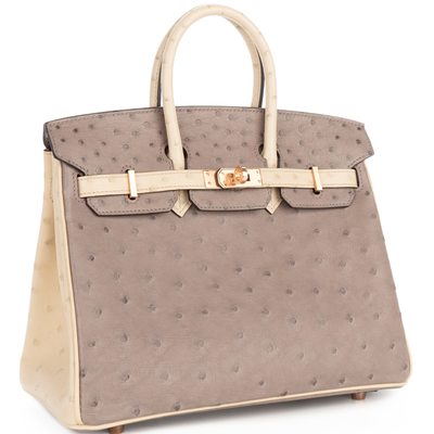 Hermès Birkin 25 Special Order HSS Gris Tourterelle / Parchemin Ostrich Rose GHW