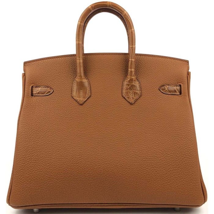 Hermes Birkin Touch bag 25 Chai Togo leather/Matt alligator crocodile skin  Champagne gold hardware
