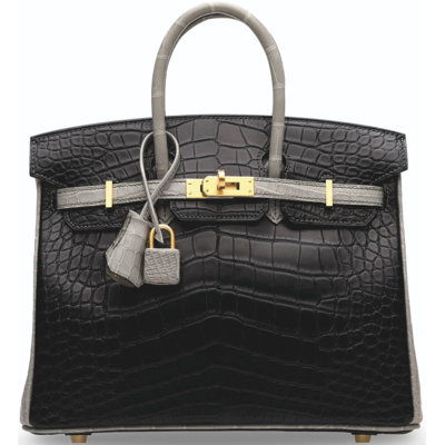 Hermès Birkin 25 Special Order HSS Black / Gris Perle Matte Crocodile Alligator BGHW