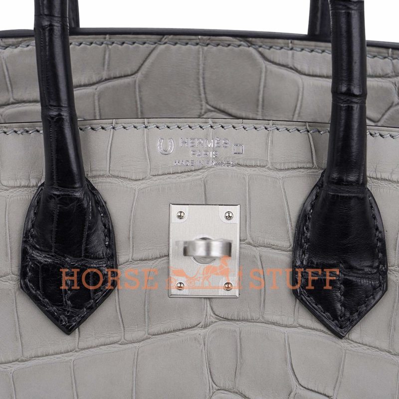 Hermès Birkin 25 Special Order HSS Gris Perle / Black Matte Crocodile Alligator BPHW