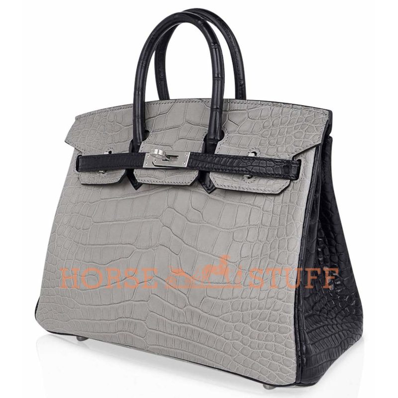 Hermès Birkin 25 Special Order HSS Gris Perle / Black Matte Crocodile Alligator BPHW