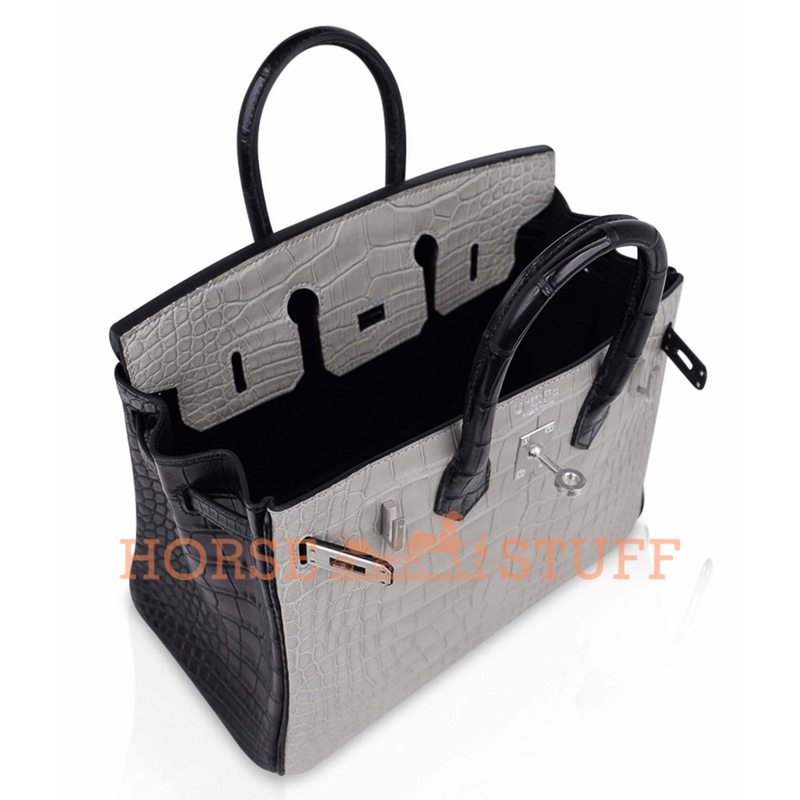 Hermès Birkin 25 Special Order HSS Gris Perle / Black Matte Crocodile Alligator BPHW