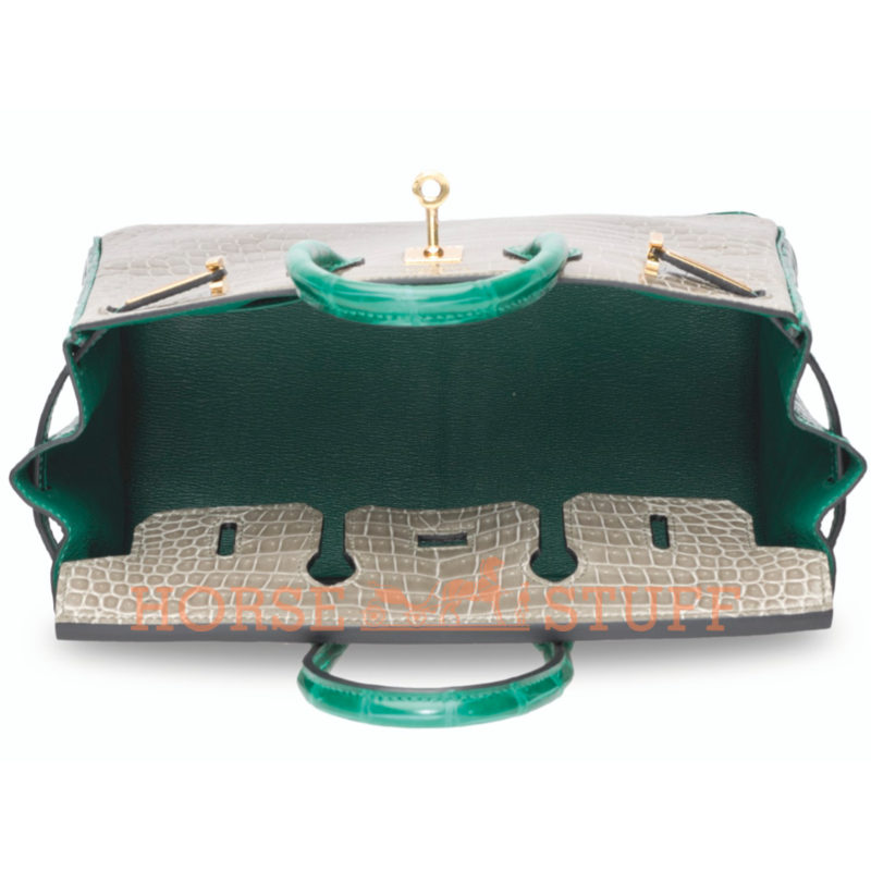 Hermès Birkin 25 Special Order HSS Gris Tourterelle / Vert Emerald Lisse Crocodile Porosus GHW