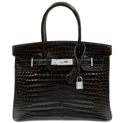 Hermès Birkin 30 Black Lisse Crocodile Niloticus White 18K Gold, Diamonds 