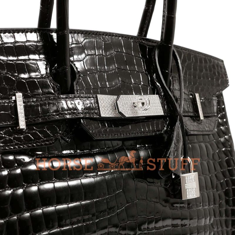 Hermès Birkin 30 Black Lisse Crocodile Niloticus White 18K Gold, Diamonds