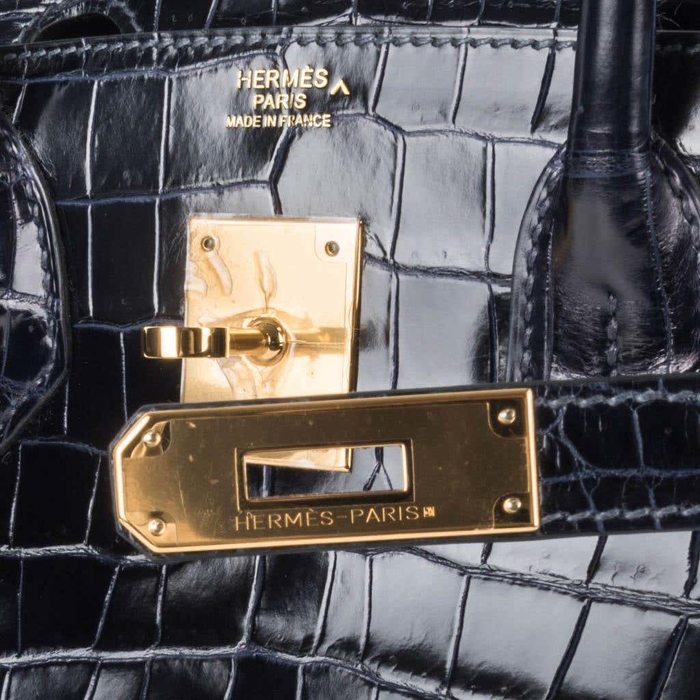 Hermes Birkin 25 Bag Black Crocodile Lisse Gold Hardware