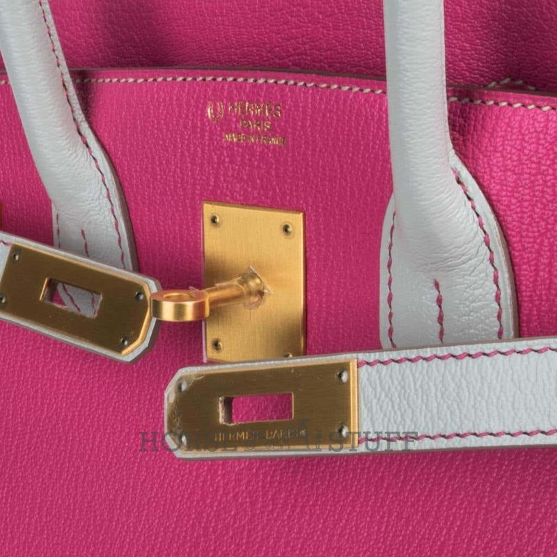 Hermès Birkin 30 Special Order HSS Rose Shocking / Gris Perle Chèvre BGHW