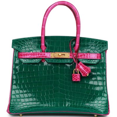 Hermès Birkin 30 Special Order HSS Vert Emerald / Rose Scheherazade Shiny Crocodile Niloticus BGHW