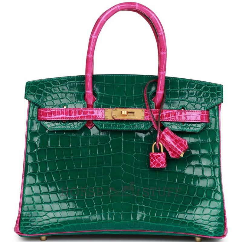 Hermès Birkin 30 Special Order HSS Vert Emerald / Rose Scheherazade Shiny Crocodile Niloticus BGHW