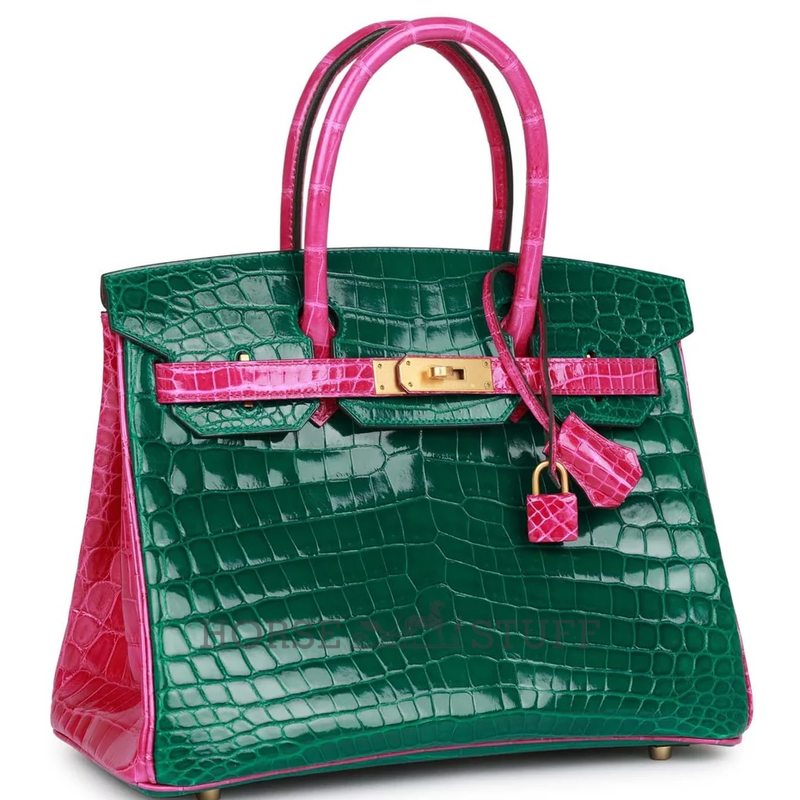 Hermès Birkin 30 Special Order HSS Vert Emerald / Rose Scheherazade Shiny Crocodile Niloticus BGHW