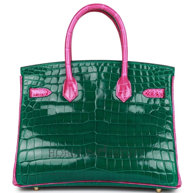 Hermès Birkin 30 Special Order HSS Vert Emerald / Rose Scheherazade Shiny Crocodile Niloticus BGHW