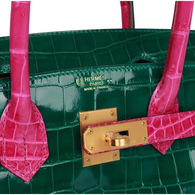 Hermès Birkin 30 Special Order HSS Vert Emerald / Rose Scheherazade Shiny Crocodile Niloticus BGHW