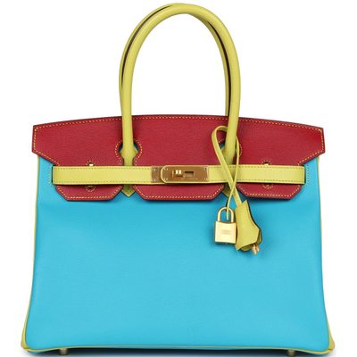 Hermès Birkin 30 Special Order HSS Blue Aztec / Soufre / Rouge Vif Chèvre BGHW