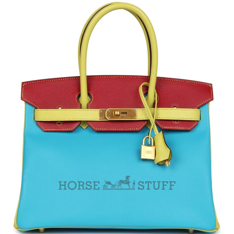 Hermès Birkin 30 Special Order HSS Blue Aztec / Soufre / Rouge Vif Chèvre BGHW