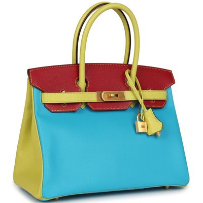 Hermès Birkin 30 Special Order HSS Blue Aztec / Soufre / Rouge Vif Chèvre BGHW
