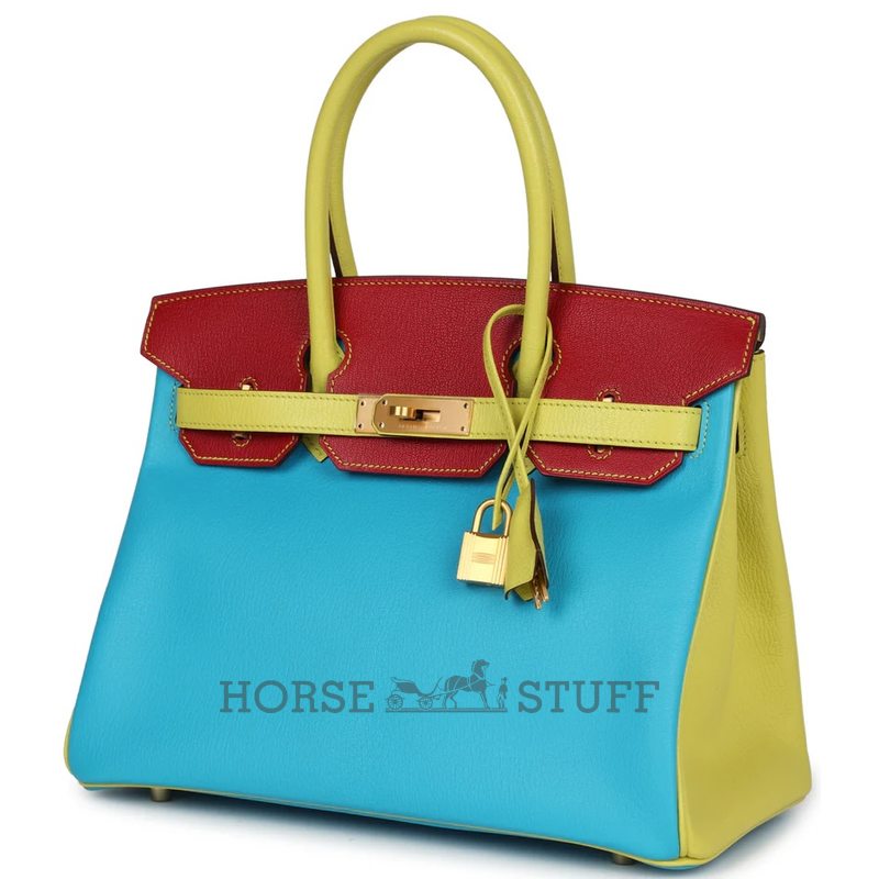 Hermès Birkin 30 Special Order HSS Blue Aztec / Soufre / Rouge Vif Chèvre BGHW