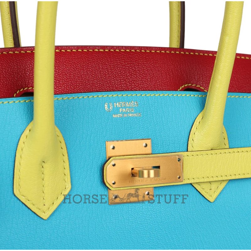 Hermès Birkin 30 Special Order HSS Blue Aztec / Soufre / Rouge Vif Chèvre BGHW