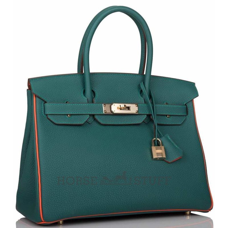Hermès Birkin 30 Special Order HSS Malachite / Orange Poppy Togo Permabrass