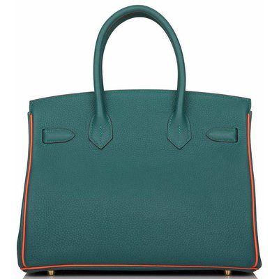 Hermès Birkin 30 Special Order HSS Malachite / Orange Poppy Togo Permabrass