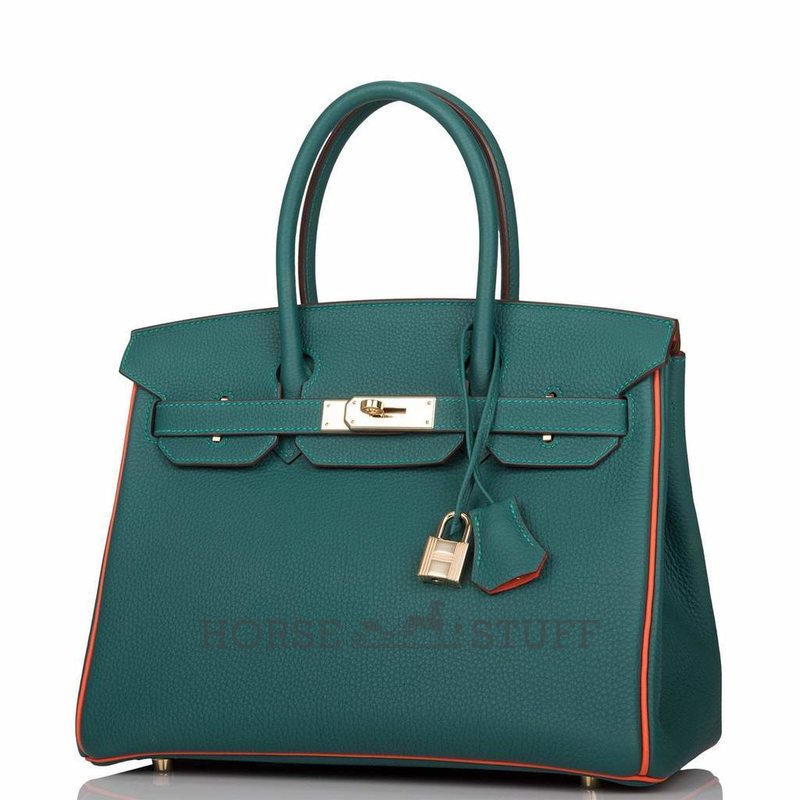 Hermès Birkin 30 Special Order HSS Malachite / Orange Poppy Togo Permabrass