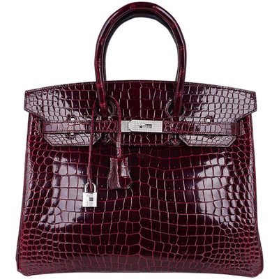 Hermès Birkin 35 Bordeaux Lisse Crocodile Porosus White 18K Gold, Diamonds